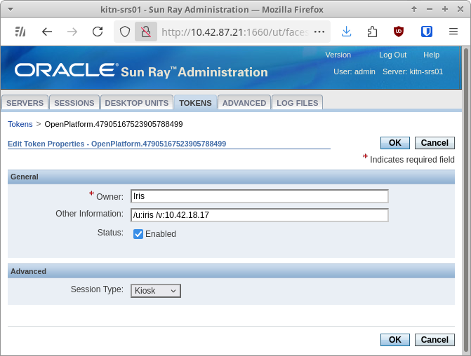 the Sun Ray Administration web UI, editing a token to use kiosk mode and specifying the FreeRDP parameters