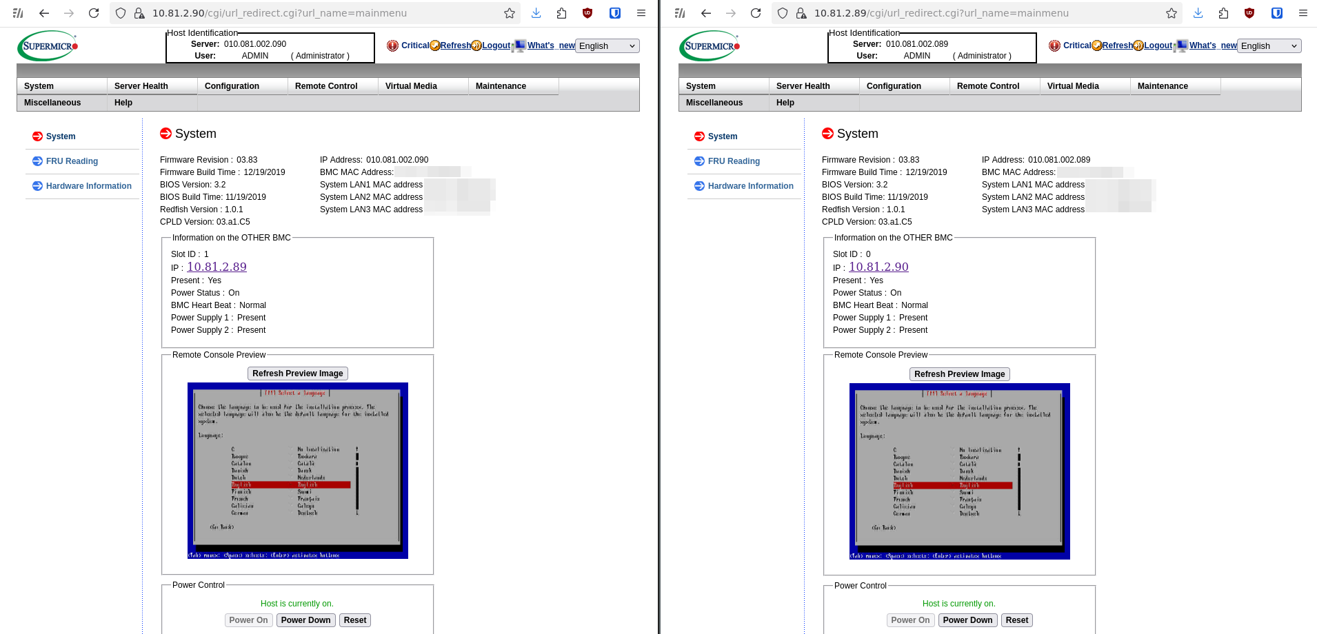 both nodes IPMI web interfaces side-by-side, showing the nodes are powered on. the screen preview for both shows the language selection menu of the Debian 13 installer