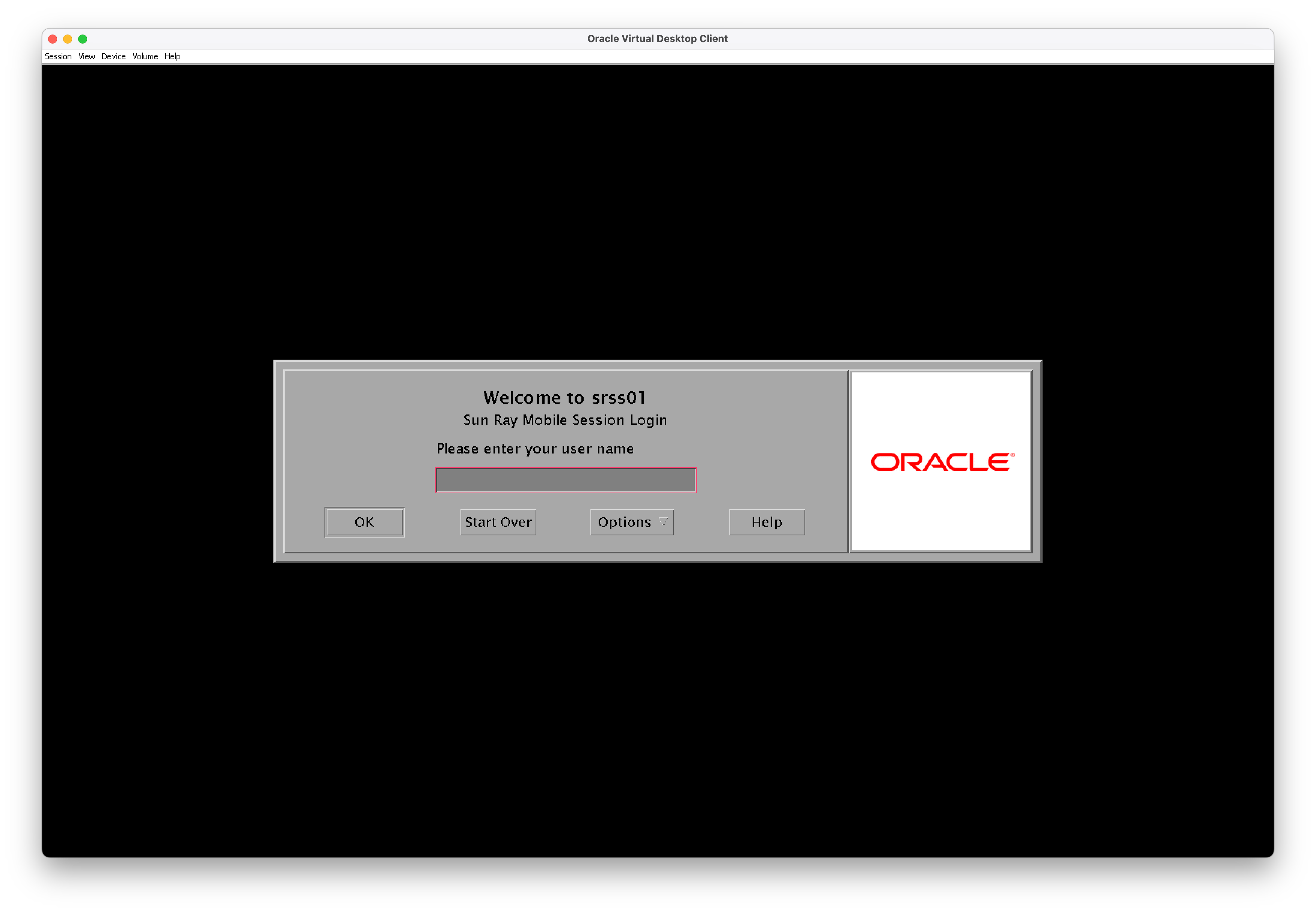 the Sun Ray Mobile Session login screen, shown in Oracle Virtual Desktop Client