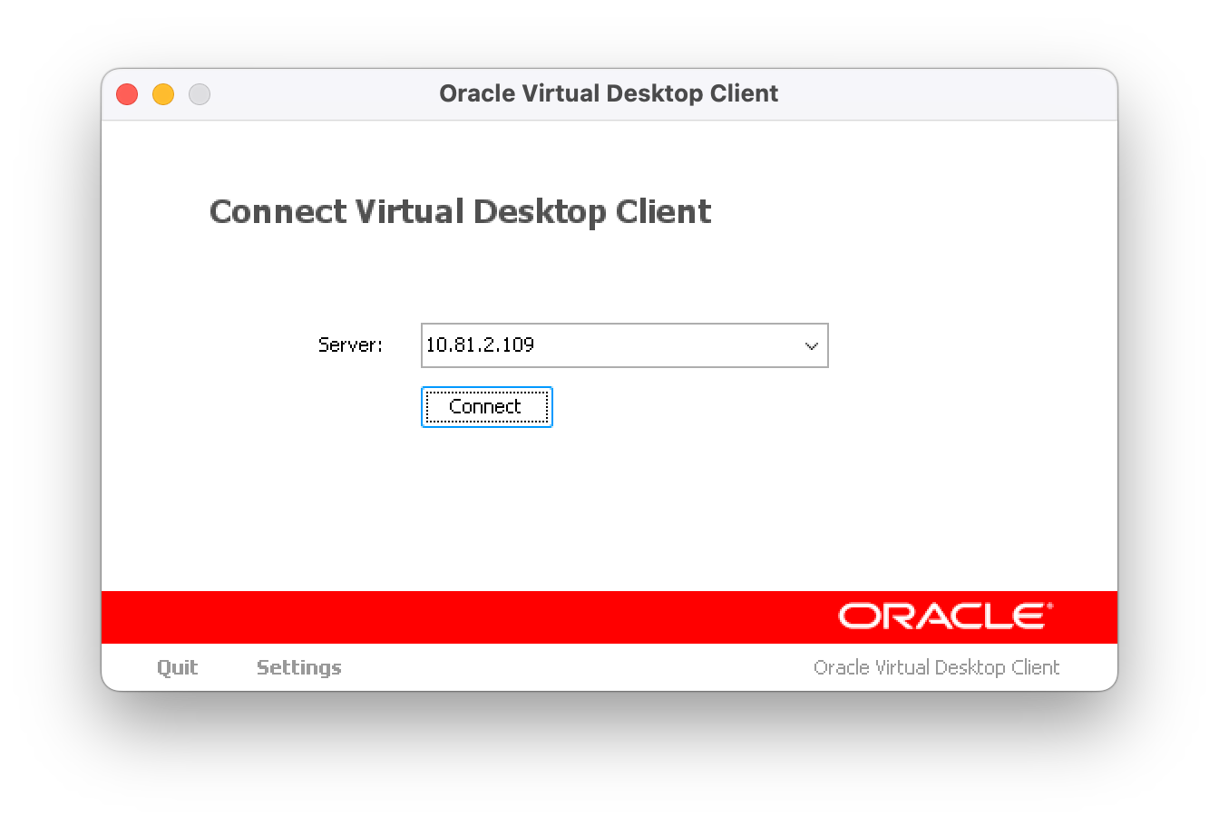 Oracle Virtual Desktop Client's connection dialog, with an already-inputted server address of "10.81.2.109"