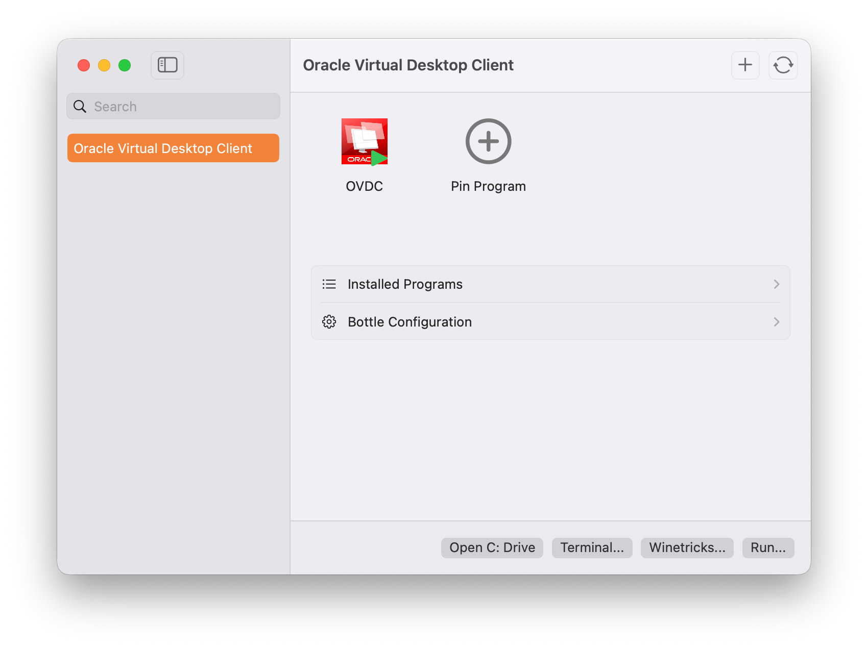 Whisky for macOS, showing a pinned program named "OVDC" in a bottle named "Oracle Virtual Desktop Client"