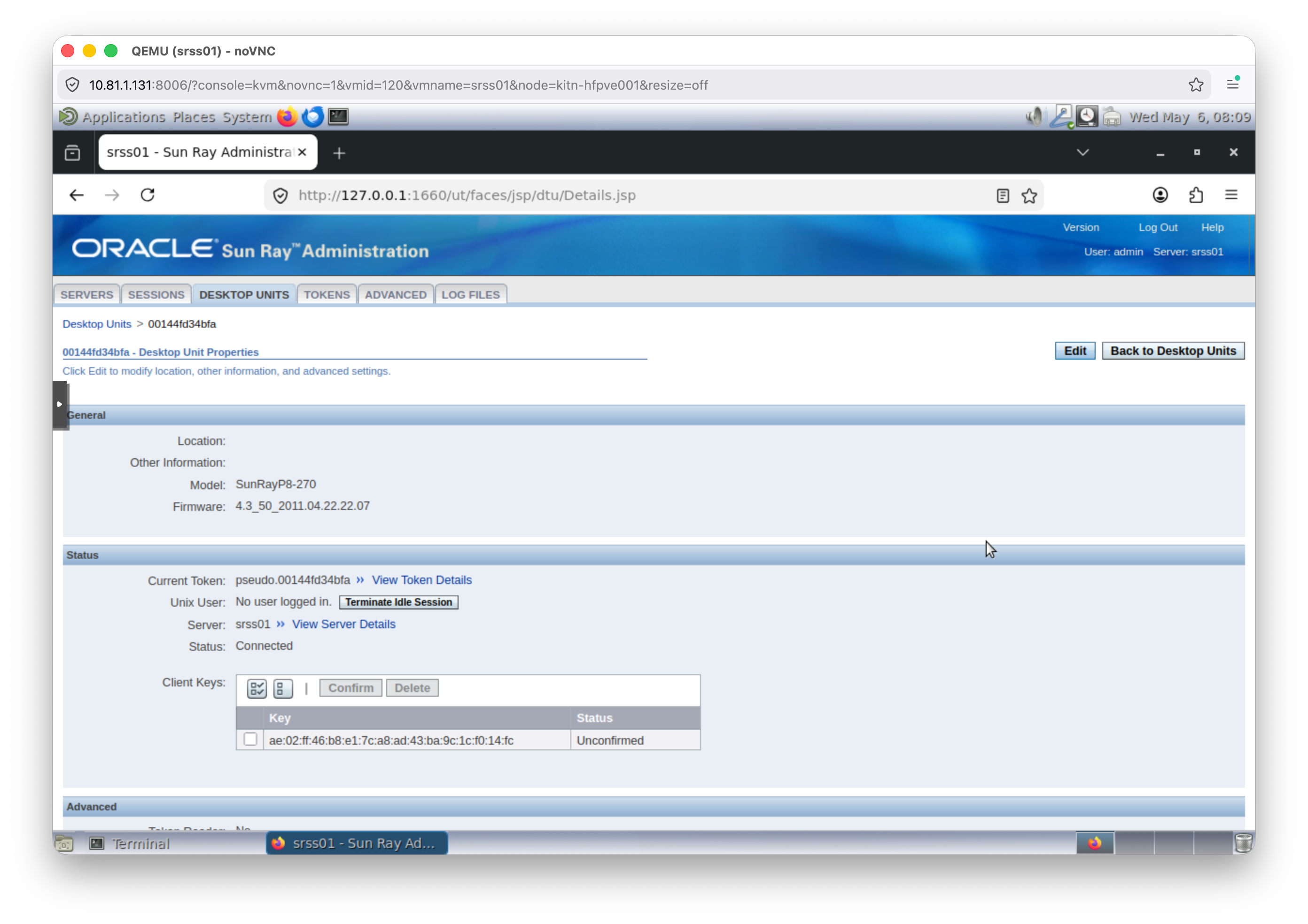 the Sun Ray Web Administration panel showing details of a connected Sun Ray 270 client